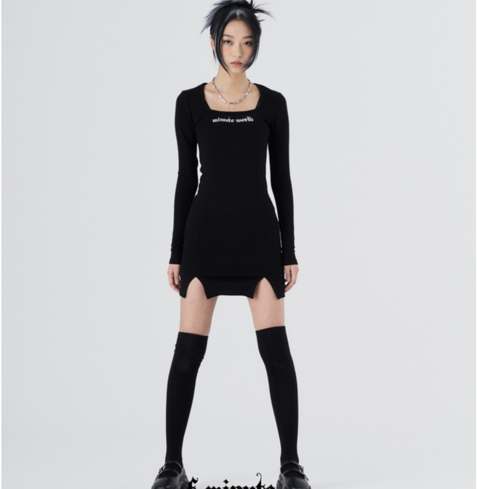 Fminute feverminute black mini long sleeve dress with slit square neckline